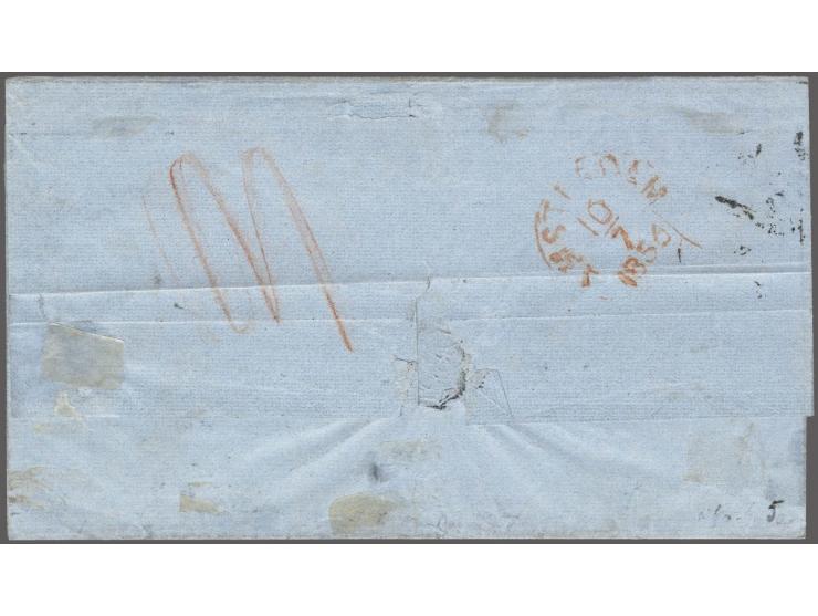 5 cent donkerblauw plaat III pos. 81 en 15 cent donkeroranje pos. 65 op briefomslag van Nijmegen 9-7-1856 naar Amsterdam met 
