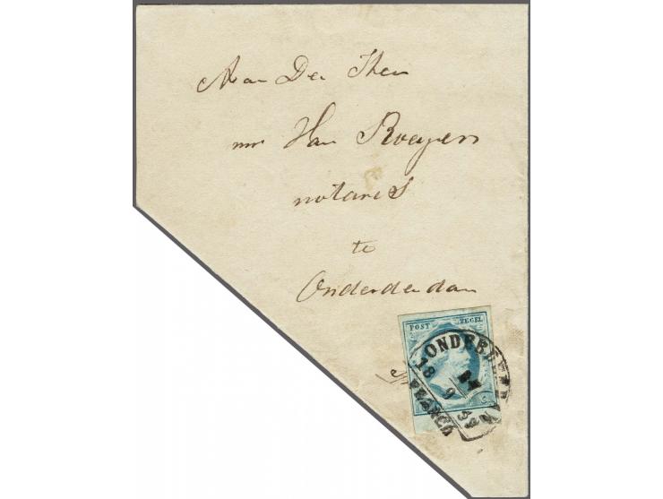 5 cent lichtblauw plaat III pos. 21 met velrand op "uit nederigheid gevouwen" vouwbrief van Hornhuizen 27-6-1857 via Ulrum na