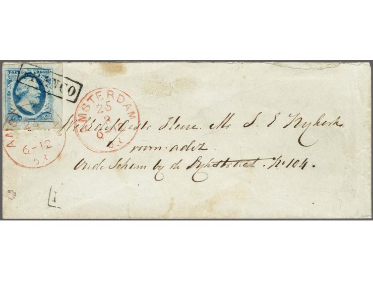 5 cent blauw plaat IV pos. 100 met hoekvelrand op envelop lokaal te Amsterdam 25-3-1863, pracht ex.