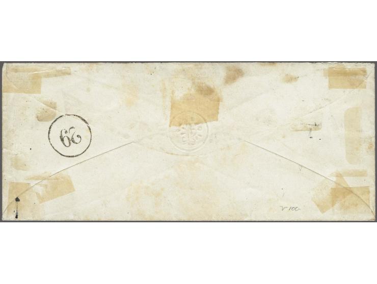5 cent blauw plaat IV pos. 100 met hoekvelrand op envelop lokaal te Amsterdam 25-3-1863, pracht ex.