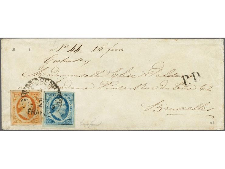5 cent helderblauw plaat IV en 15 cent oranje op kleinformaat envelop van Den Bosch 25-2-1859 naar Brussel, pracht ex.