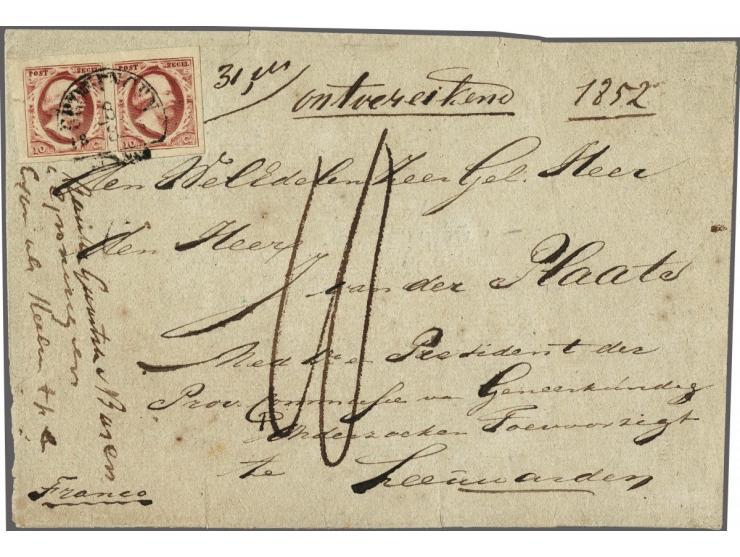 10 cent diep donkerkarmijn plaat I pos. 76-77 in paar op ontoereikend gefrankeerde briefomslag van de 3e gewichtsklasse (31 w