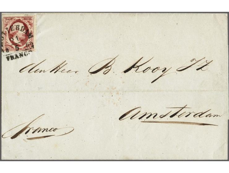 10 cent diepdonkerkarmijn plaat IA op briefomslag van Rotterdam 21-5-1852 naar Amsterdam, pracht ex. (knipje rechts in de vel