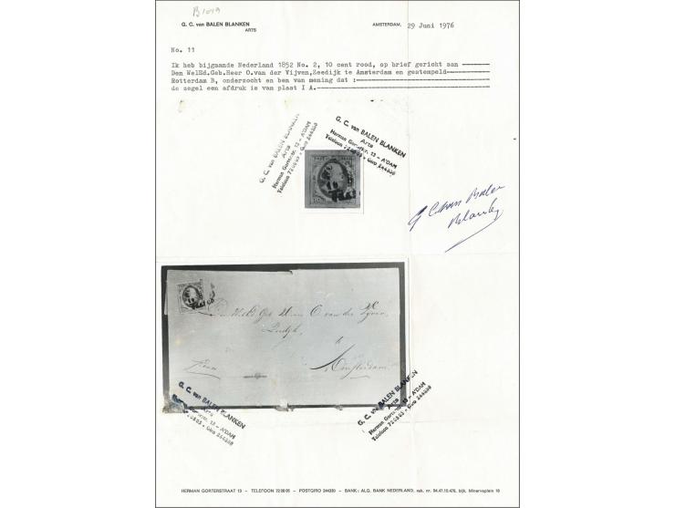 10 cent diepdonkerkarmijn plaat IA op briefomslag van Rotterdam 26-5-1852 naar Amsterdam, vrijwel pracht ex. (randen kort en 