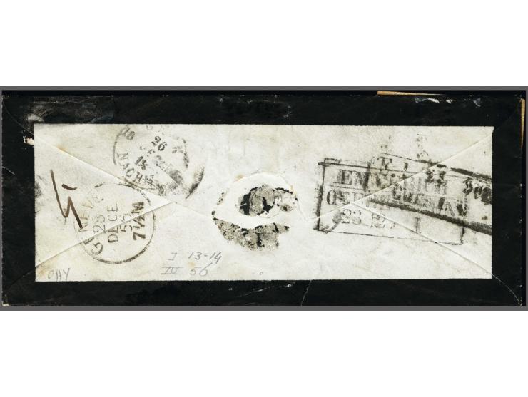 10 cent rood plaat IV pos. 56 en 15 cent donkeroranje pos. 13-14 in paar op envelop van Utrecht 22-12-1856 via Emmerich en Be