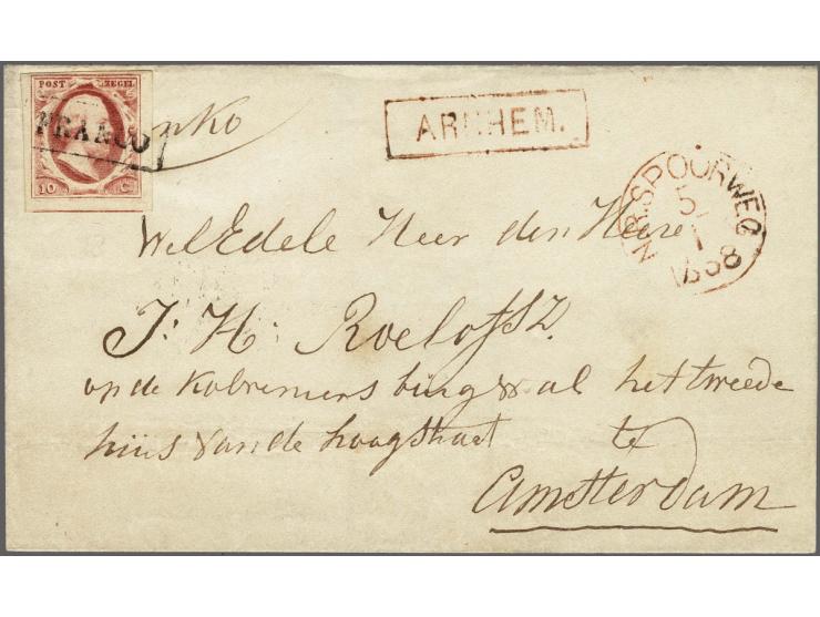 10 cent rood plaat V pos. 78 schone druk met deel buurzegel op briefomslag van Arnhem (haltestempel voorzijde) via. N.R. Spoo