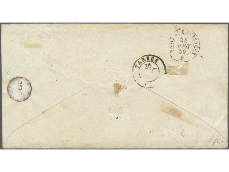 10 cen dofrood plaat V pos. 55 en 59-60 in driekwartblok op briefomslag van Roermond 22-8-1859 via&nbsp; Valenciennes en Pari