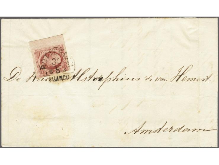 10 cent dofrood plaat V pos. 81 met velrand op briefomslag van Rotterdam 30-8-1860 naar Amsterdam, pracht ex.