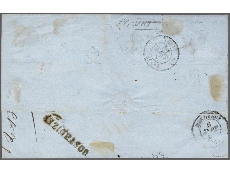 10 cent karmijnroze plaat VII pos. 44-45 in paar en pos. 50 op briefomslag van Oosthuizen (langstempel achterzijde) via Amste