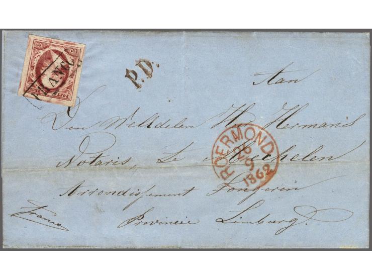 10 cent karmijnroze plaat VIII pos. 19 op vouwbrief van Roermond 26-9-1862 via Hasselt en Lanklaer naar Mechelen (België). Gr