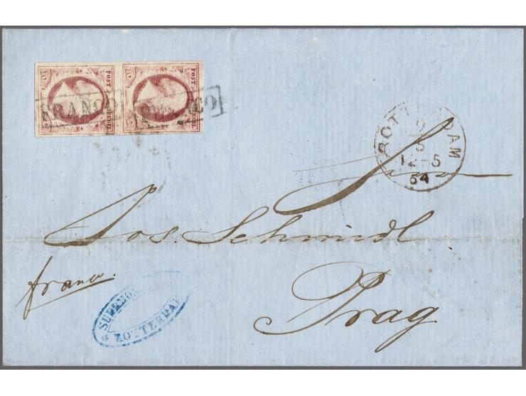 10 cent rood op dun papier in verticaal paar op briefomslag van Rotterdam 9-5-1864 via Emmerich naar Praag, pracht ex. Zeldza