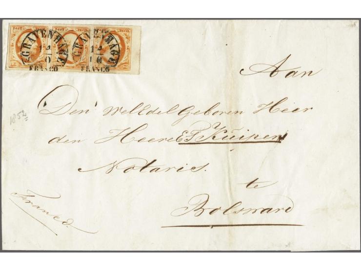 15 cent donkeroranje pos. 13-15 in strip van 3 met velrand op dichtgeplakte briefomslag van de 3e gewichtsklasse van Den Haag