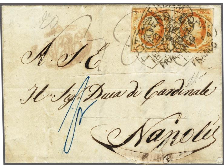 15 cent donkeroranje pos. 51-52 in paar op zogenaamde "cholerabrief" van Rotterdam 12-6-1854 naar Napels met op achterzijde t