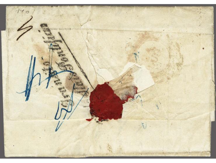 15 cent donkeroranje pos. 51-52 in paar op zogenaamde "cholerabrief" van Rotterdam 12-6-1854 naar Napels met op achterzijde t