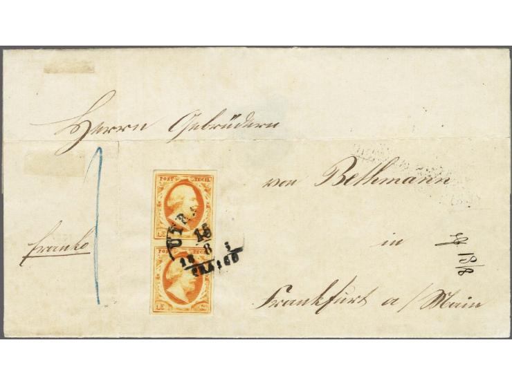 15 cent donkeroranje pos. 78/83 in verticaal paar op briefomslag van Utrecht 18-6-1854 via Emmerich naar Frankfurt/Main, prac