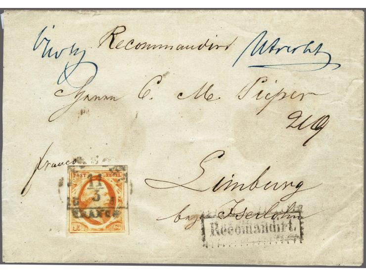 15 cent donkeroranje pos. 57 op aangetekende briefomslag van Utrecht 11-3-185? via Emmerich naar Limburg (Pruissen) met stemp