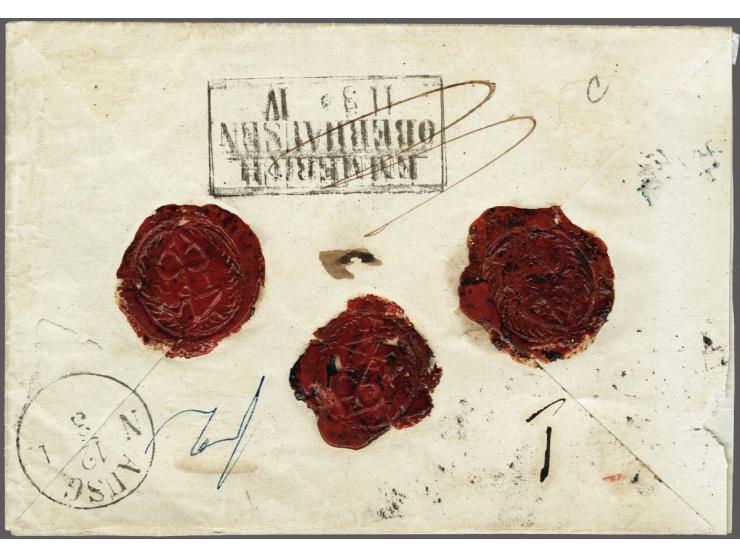 15 cent donkeroranje pos. 57 op aangetekende briefomslag van Utrecht 11-3-185? via Emmerich naar Limburg (Pruissen) met stemp
