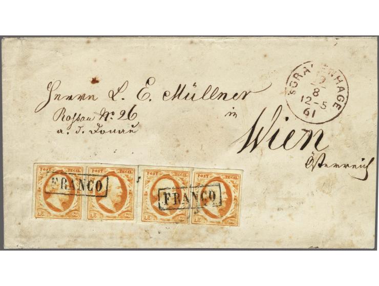 15 cent oranje (4x) op envelop van de 2e gewichtsklasse van Den Haag 19-8-1861 over Emmerich naar Wenen, pracht ex. (envelop 