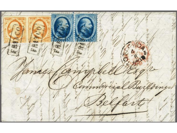 15 cent oranje pos. 36-37 in paar en emissie 1864 5 cent blauw Utrechtse druk in paar op vouwbrief van Rotterdam 4-8-1864 via