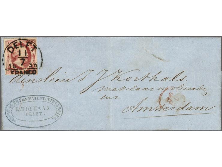 Delft C groot (Ey 50) superbe op 10 cent karmjn plaat II pos. 28 op kleinformaat vouwbrief 11-7-1856 naar Amnsterdam, pracht 