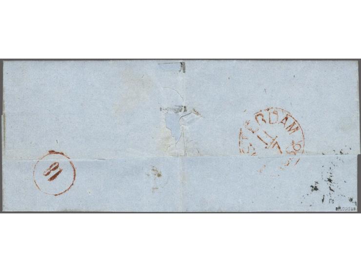 Delft C groot (Ey 50) superbe op 10 cent karmjn plaat II pos. 28 op kleinformaat vouwbrief 11-7-1856 naar Amnsterdam, pracht 