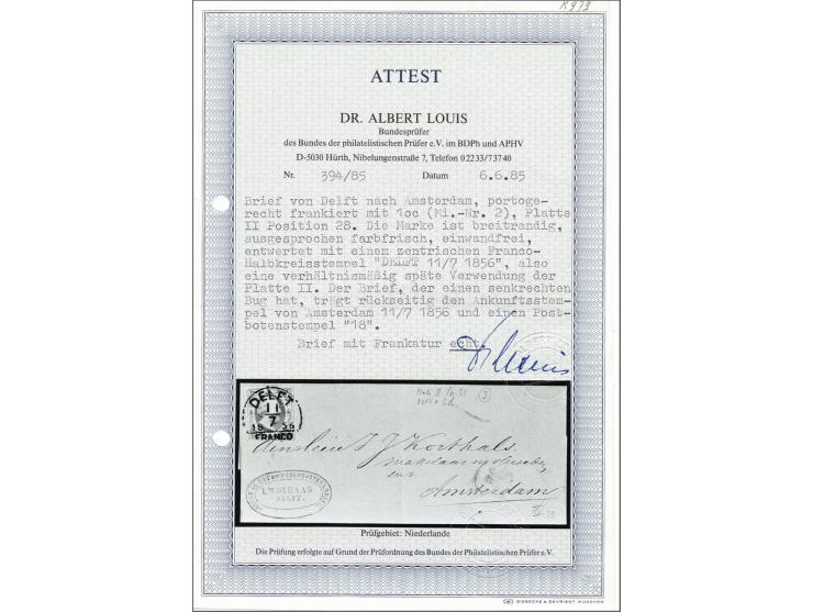 Delft C groot (Ey 50) superbe op 10 cent karmjn plaat II pos. 28 op kleinformaat vouwbrief 11-7-1856 naar Amnsterdam, pracht 