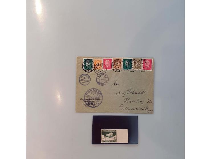 stamps, label with omitted colour, 2 franked postcards, 1 cover etc. 
