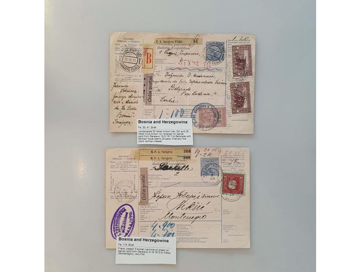 2 postal parcel cards with high frankings to Montenegro 21-9-1913 and to Serbia 18-3-1911, fine to very fine 