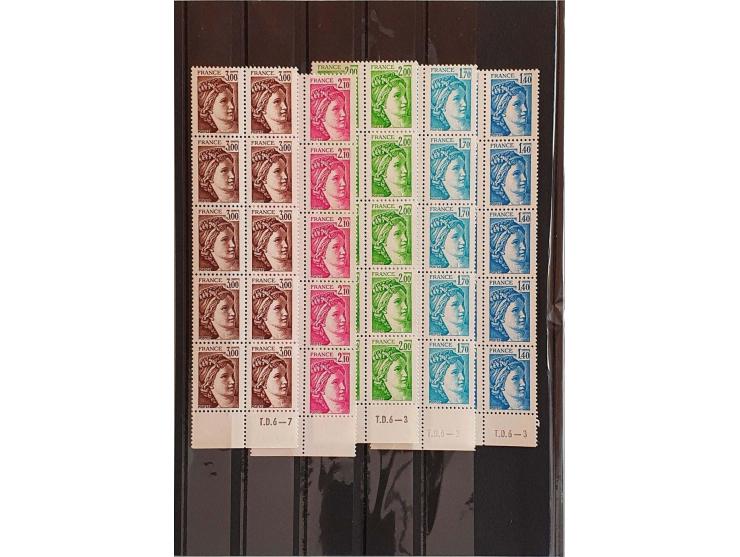 Sabine, 15 values between 10 centimes- 3 francs in unmounted mint blocks of 10 without phosphor, all signed Calves