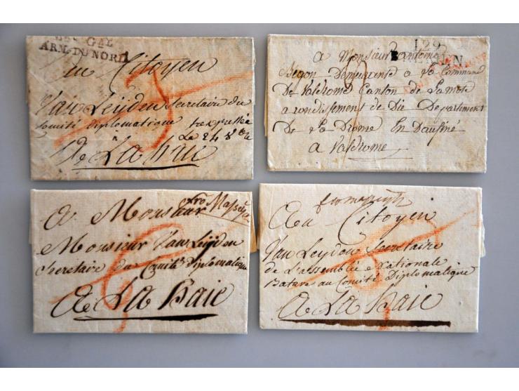 2 letters from Cologne to La Haye, both 1796 written frc Maseijk, (from camp general Daendels), letter 1796 with black Bau Ga