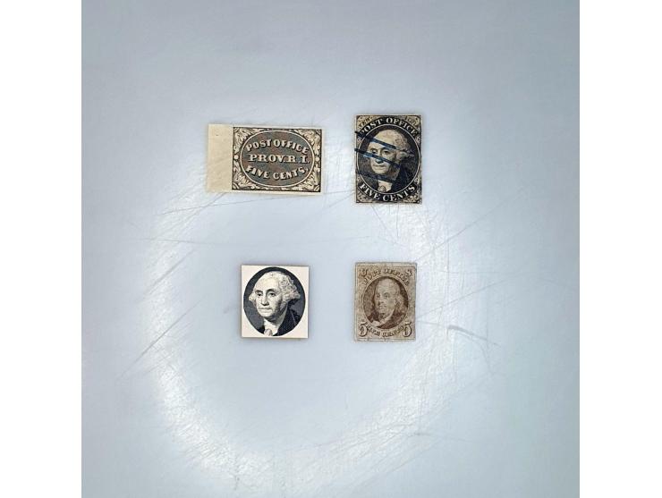 Postmaster Provisional New York Scott no. 9X1, Postmaster Provisional Providence Scott no. 10X1, Benjamin Franklin Scott no. 