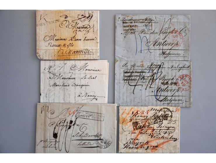30 pre philatelic letters, many better, with transit as oval ANGLETERRE&nbsp;PAR&nbsp;ANVERS (vdL.176), GB2F87½c on letter Pe