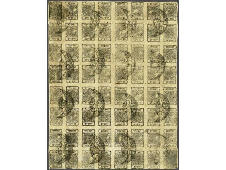 ½ anna black, setting 8 in full sheet, thin paper without margins and 4 tête-beche pairs (positions 8/18, 9/19, 10/20 and 81/