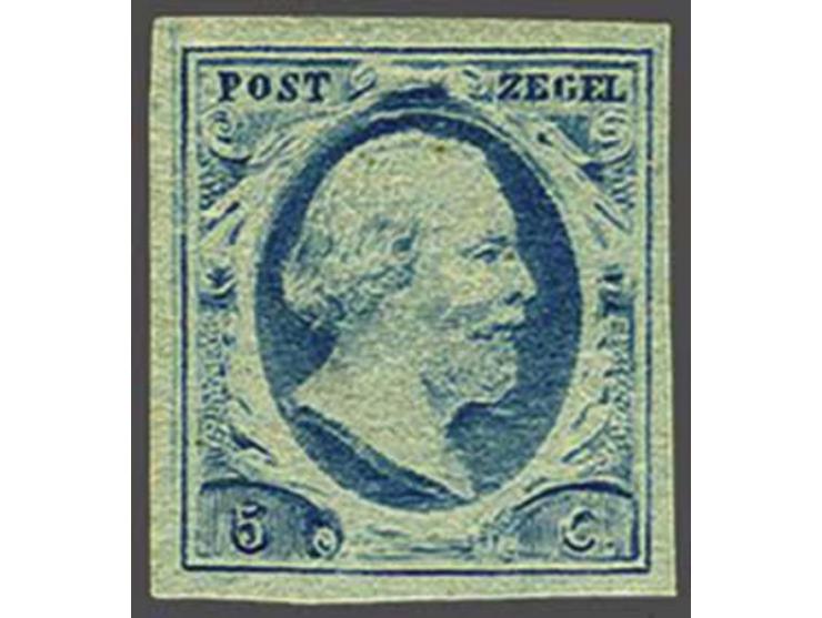 5 cent blauw plaat VI op dun papier, pracht ex. met originele bruine gom en certificaat Moeijes 1982, cat.v. 600