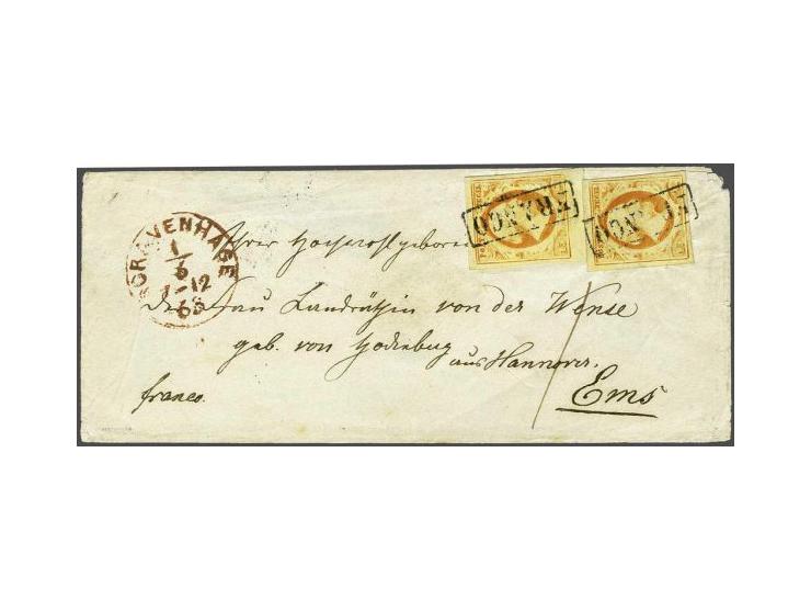 15 cent oranje (2x w.b. 1 ex. met velrand) op envelop van Den Haag 1-6-1863 over Emmerich naar Ems (Hertogdom Nassau), zegels