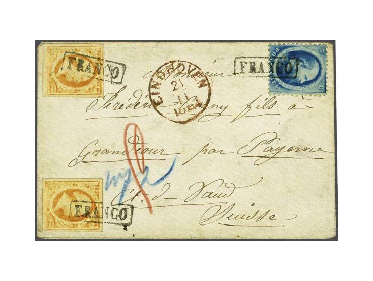 15 cent oranjegeel pos. 48 en 49 en emissie 1864 5 cent blauw Utrechtse druk plaat II op kleinformaat envelop van Eindhoven 2
