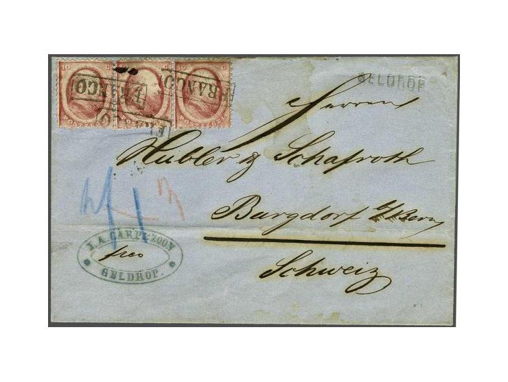 10 cent rood in strip van 3 op briefomslag van Geldrop (grotesk langstempel voorzijde) 13-12-1867 over Breda, Mönchengladbach