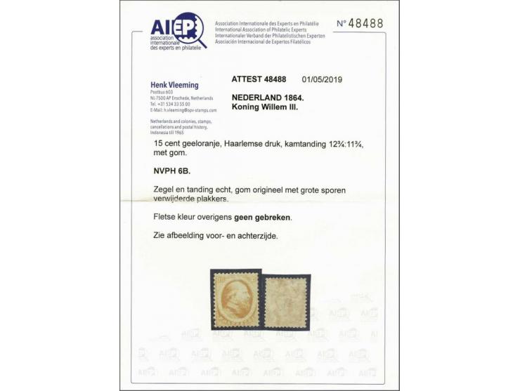 15 cent oranje Haarlemse druk, pracht ex. in iets fletse kleur met certificaat Vleeming 2019, cat.w. 2250