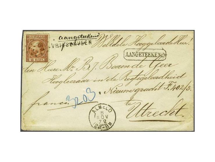 15 cent oranjebruin type II tanding 13¼ x 14 kleine gaten op kleinformaat aangetekende envelop van Vriesenveen via Almelo 8-1