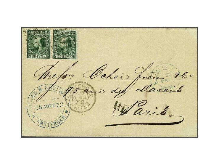 20 cent donkergroen (2x) op briefomslag van Amsterdam 26-8-1872 via Valenciennes naar Parijs, pracht ex. Herkomst: collectie 
