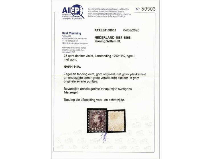25 cent donkerviolet type I tanding 12¾ x 11¼, (vrijwel) pracht ex. met certificaat Vleeming 2020: Gom origineel met grote pl