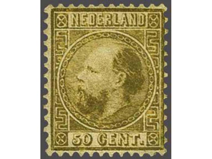 50 cent goudkleur type I tanding 12¾ x 11¼, vrijwel pracht ex. met certificaat Vleeming 2020: Zegel en tanding echt, aanwezig