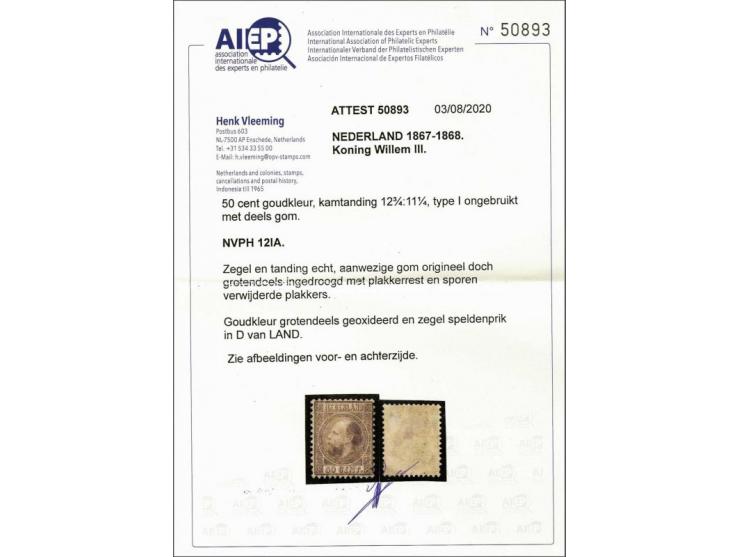 50 cent goudkleur type I tanding 12¾ x 11¼, vrijwel pracht ex. met certificaat Vleeming 2020: Zegel en tanding echt, aanwezig