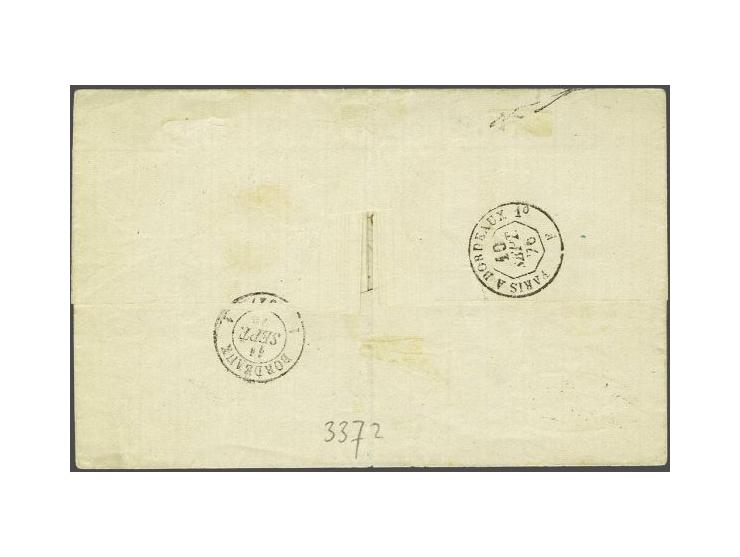 2½ cent lila en emissie 1872 10 cent rood met stempel Rotterdam [Brievenbus] op omslag 9-9-1876 naar Bordeaux, vrijwel pracht