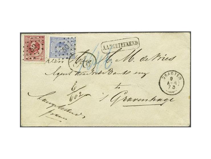 5 cent blauw en 10 cent rood op aangetekende envelop van Drachten 9-4-1873 naar Den Haag met het stempel gestyleerde A in ova