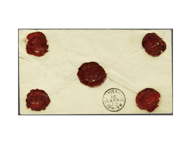 5 cent blauw en 10 cent rood op aangetekende envelop van Drachten 9-4-1873 naar Den Haag met het stempel gestyleerde A in ova
