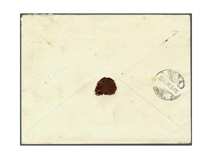 7½ cent bruin en 22½ cent zwartgroen op aangetekende envelop G. 6 van Amsterdam 24-6-1896 naar Gera (D), pracht ex. (nr. 36 g