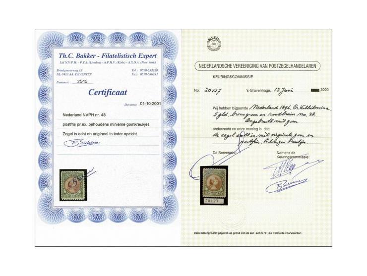 5 gulden bronsgroen en roodbruin met certificaat NVPH 2000 (gom licht ingedroogd en enkele gomkreukjes), cat.w. 2850