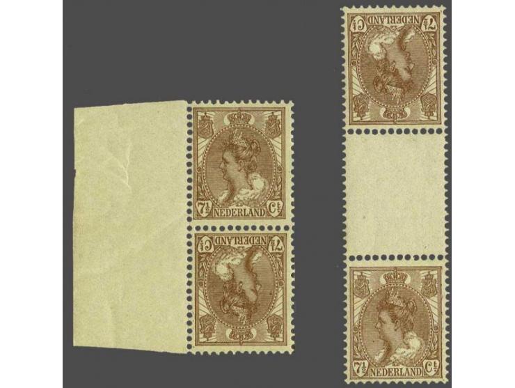 7½ cent bruin in keerdrukparen met en zonder tussenstrook (61c licht gevouwen op tanding) met certificaat NKD 2012, cat.w. 10