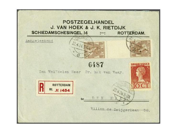 7½ cent bruin in keerdrukpaar met tussenstrook op aangetekende juist gefrankeerde envelop van Rotterdam 22-4-1924 naar Den Ha
